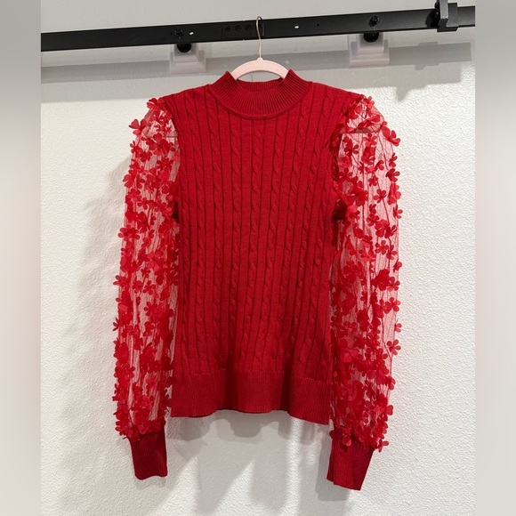 Cato Tops - Red lightweight sweater with GORGEOUS sheer floral sleeves. Cato, medium​